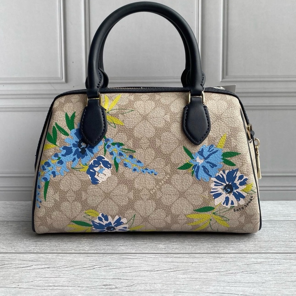 kate spade Beige Signature Floral Dome Satchel with Navy Trim - Picture 2 of 5